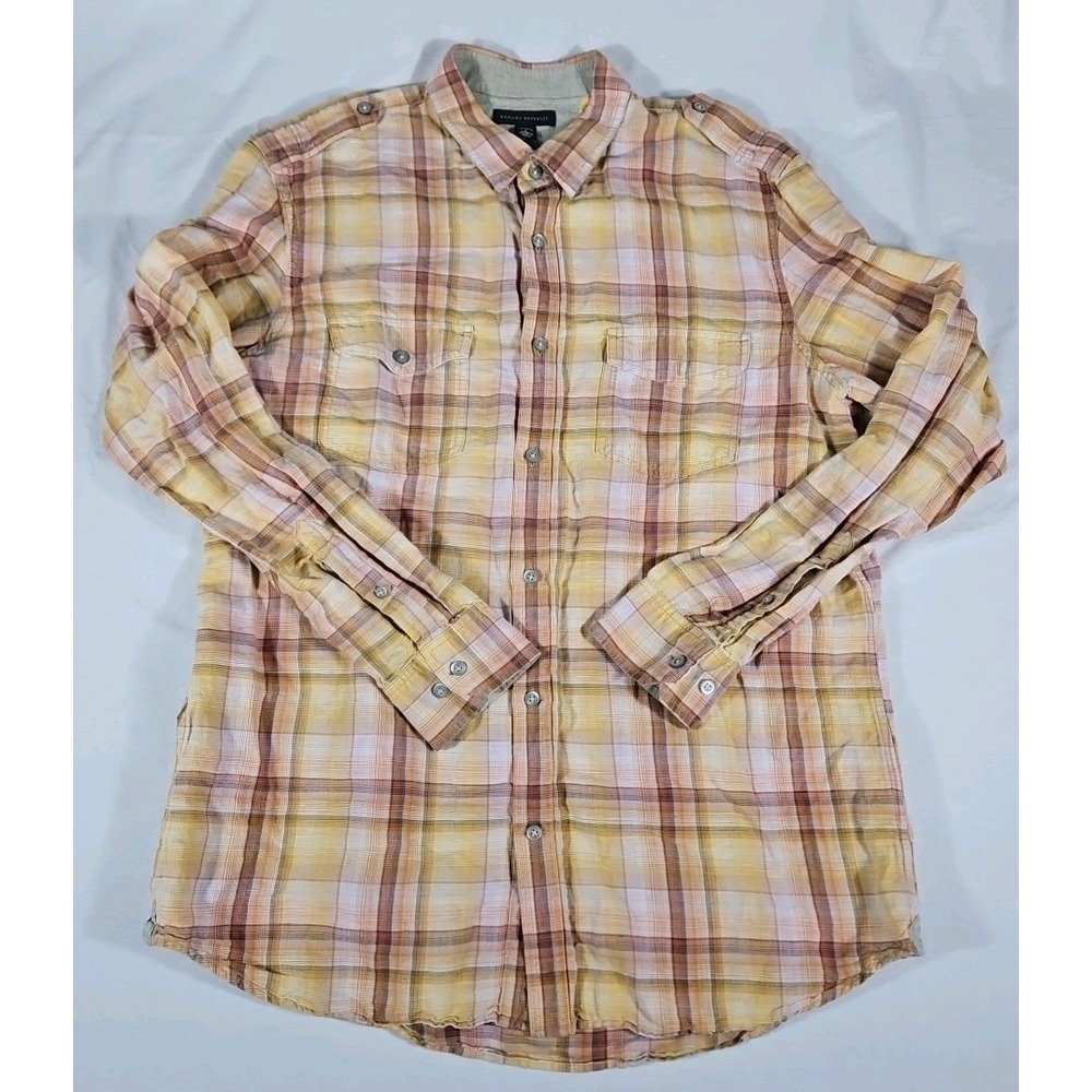 Banana Republic Long Sleeve Button Up Linen-Cotton Shirt Large 16-16.5 Plaid